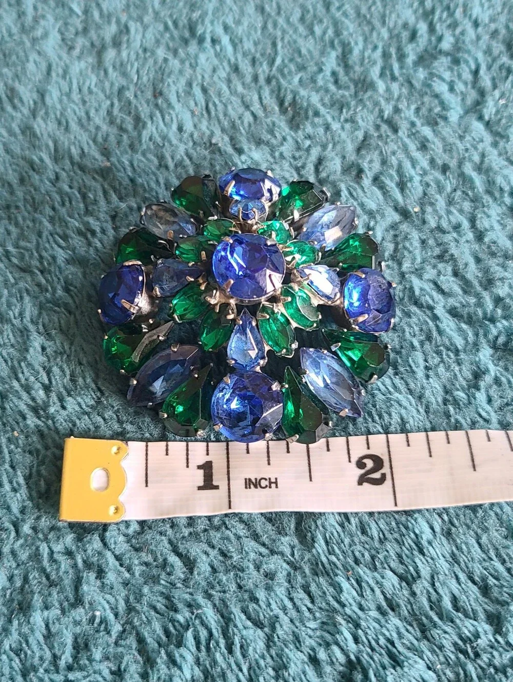 Vintage Blue and Green Crystal Floral Brooch - Women Jewelry